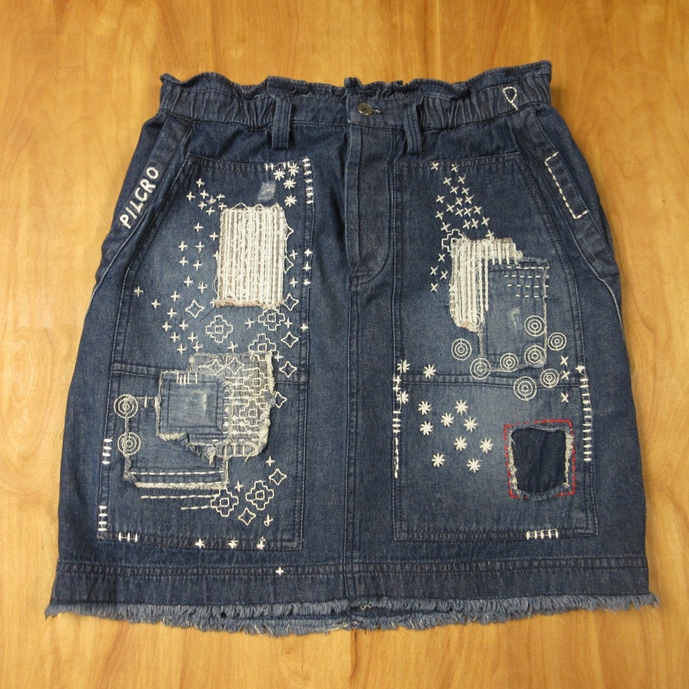 PILCRO THE LETTERPRESS Embroidered Patchwork Denim Jean Skirt Sz S ANTHROPOLOGIE